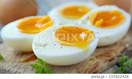 Close-up of perfectly soft-boiled eggs with runny yolks, served in a rustic bowl and garnished with fresh herbs, creating a wholesome breakfast.. 115822426