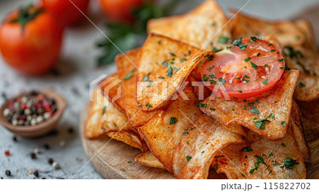 Close-up of a plate of crispy homemade potato chips garnished with fresh tomato slices and herbs, creating a delicious and savory snack.. 115822702