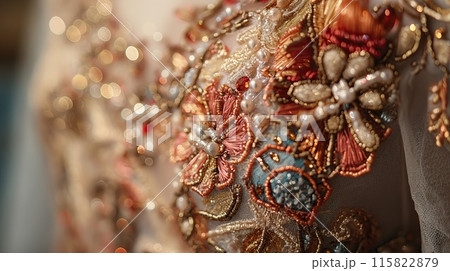 Close-up of detailed embroidery showcasing vibrant beads, sequins, and metallic threads in a floral pattern on fabric.. Close-up of detailed embroidery showcasing vibrant beads, sequins, and metallic threads in a floral pattern on fabric.. 115822879