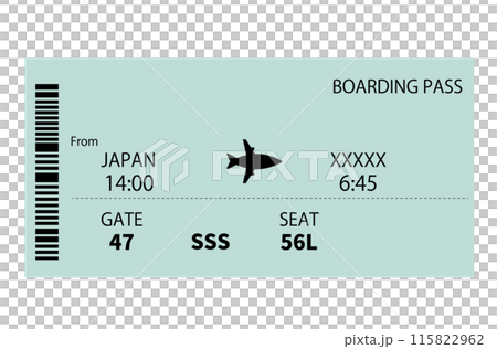 海外飛行機チケット。国外航空券。搭乗券。ベクターイラスト	 115822962