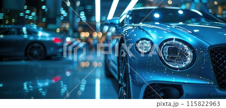 Sleek blue luxury car in a brightly lit car showroom against a blurred background of other cars 115822963
