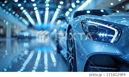 Close-up of a luxury blue car. Focus on the headlight and grille area. Banner with place for text 115822964