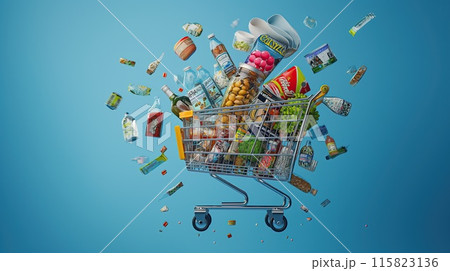 Dynamic image of assorted grocery products levitating around a shopping cart against a vibrant blue background, depicting the concept of shopping abundance.. Dynamic image of assorted grocery products levitating around a shopping cart against a vibrant blue background, depicting the concept of shopping abundance.. 115823136