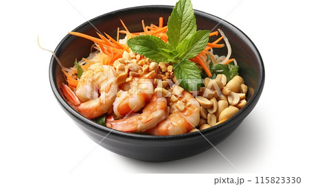 A vibrant and colorful shrimp salad served in a black bowl, featuring fresh herbs, nuts, and a mix of vegetables.. 115823330