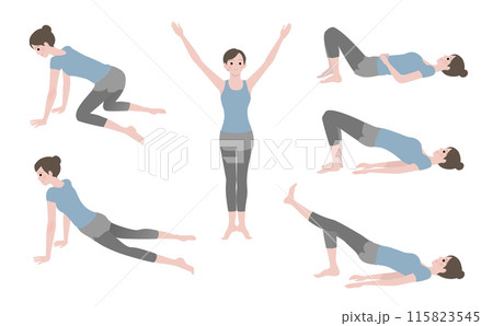 骨盤底筋トレーニングをする女性のイラストセット：ダイエット、ストレッチ、ヨガ、筋トレ 115823545