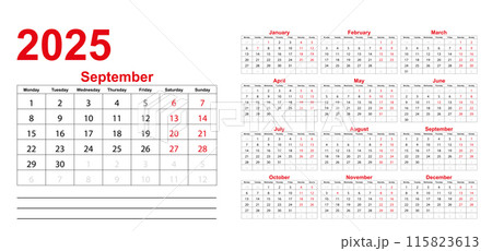 Classic monthly calendar for 2025. Calendar in the style of minimalist square shape. 115823613