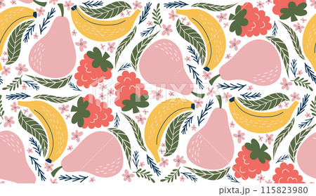 Playful seamless pattern featuring illustrations of raspberries, bananas, pink pears, pink flowers, and green leaves, arranged in a kaleidoscope-like design. Modern, organic vector style with flat 115823980