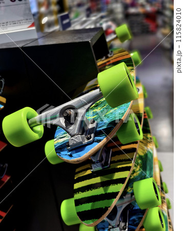 A stack of skateboards on a special indoor stand A stack of skateboards on a special indoor stand 115824010