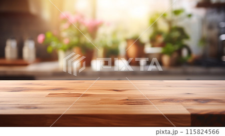Wooden tabletop over defocused kitchen background , Generate Ai 115824566