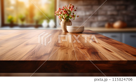 Wooden tabletop over defocused kitchen background , Generate Ai 115824706