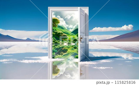 湖に置かれた白いドアから繋がる別世界 湖に置かれた白いドアから繋がる別世界 115825816