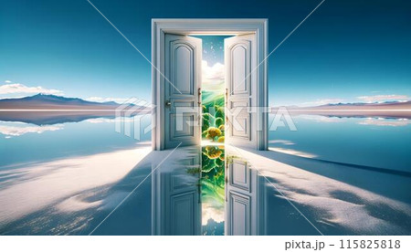 湖に置かれた白いドアから繋がる別世界 115825818