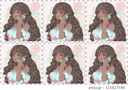 A young woman talking on a smartphone, making a phone call, and a set of 6 facial expressions during a call (smile, joy, anger, sadness) 115827590