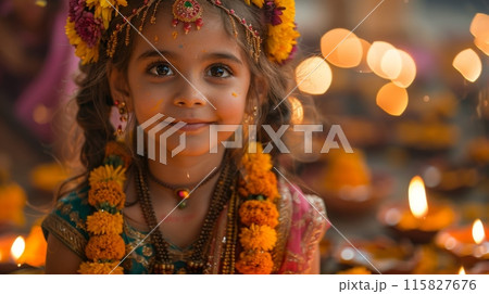 Diwali Festival in India. Children: Children are particularly delighted by Diwali, enjoying the colorful decorations, sweet treats, and the excitement of fireworks displays. 115827676
