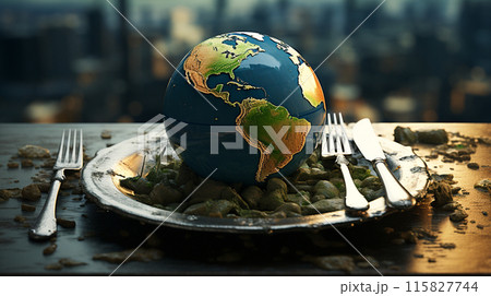 A globe on a dish with fork and a knife illustration Environment, Population, Global warming, Malnutrition, Zero waste, Sustainable,Generate AI 115827744