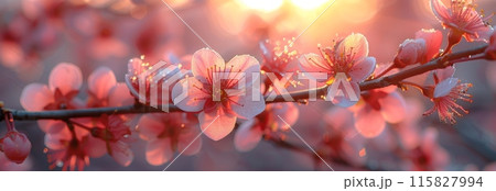 Sunset, peach blossoms blooming on the branches, with sunlight shining through them and creating beautiful light spots in front of it. 115827994