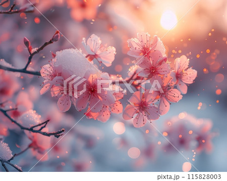 Sakura in the Snow. Snow covering the branches of a cherry blossom tree. Background Sunrise. Realistic photo. 115828003