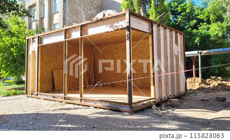 Construction of a street shopping pavilion for a store, all stages of construction, detailed overview Construction of a street shopping pavilion for a store, all stages of construction, detailed overview 115828063