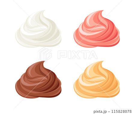 Creamy swirl set. Whipped cream, mousse. Strawberry, chocolate, vanilla and caramel cream. Dessert illustration in flat style. Food icons. 115828078
