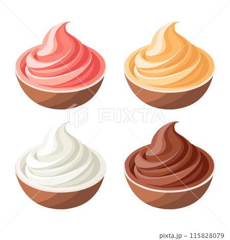 Creamy swirl set. Whipped cream, mousse. Strawberry, chocolate, vanilla and caramel cream. Dessert illustration in flat style. Food icons. 115828079