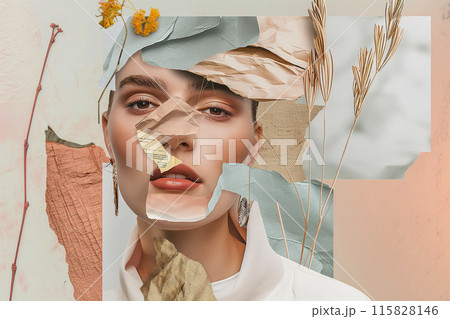 A woman's face is cut out of a collage of different images, including leaves 115828146
