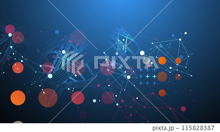 Vector abstract background with a wireframe dynamic pipes, line and particles inside circle. 115828387