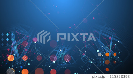 Vector abstract background with a wireframe dynamic pipes, line and particles inside circle. 115828398