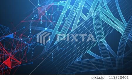 Sci-fi background. Wireframe dynamic pipes with the use of colored plexus effect and hexagons. Sci-fi background. Wireframe dynamic pipes with the use of colored plexus effect and hexagons. 115828401