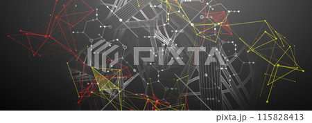 Sci-fi background. Wireframe dynamic pipes with the use of colored plexus effect and hexagons. 115828413