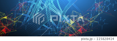 Sci-fi background. Wireframe dynamic pipes with the use of colored plexus effect and hexagons. 115828414