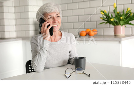 Cheerful Elderly Woman Chatting On The Phone With A Smile 115828446
