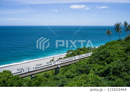 台湾鉄路管理局EMU3000型電車「自強号」が海を背景に絶景の南廻線の太麻里を走る 115828464