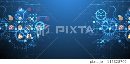 Gear wheel technology pattern on gradient background. Hand drawn vector. Gear wheel technology pattern on gradient background. Hand drawn vector. 115828702