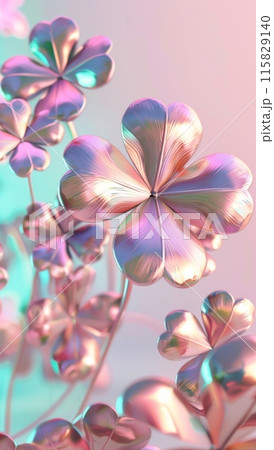 Abstract close-up of iridescent four-leaf clovers on pink and teal background 115829140