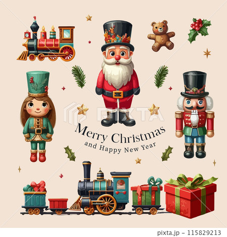 Christmas watercolor decorative banner with happy Santa Claus, nutcracker, locomotive and gift boxes and other New Year symbols. 115829213