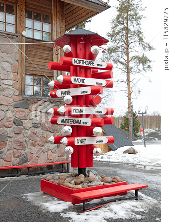 Roadsige pointing to several places all over the world, located in Finland Roadsige pointing to several places all over the world, located in Finland 115829225