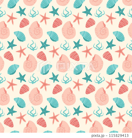 Shells and starfish seamless pattern. Barnacles and seaweed endless background. Seashell and stones repeat backdrop. Vector hand drawn flat illustration. 115829413