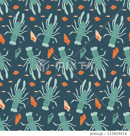 Seamless pattern with crawfishes and shells. Fish and crustacean repeat cover backdrop. Underwater sea life endless background. Marine world. Vector hand drawn flat illustration. 115829418