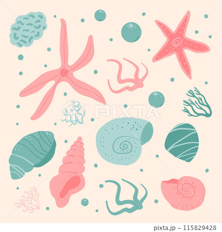 Joyful illustrations of starfish, seashells, coral, and aquatic plants in soft hues, diversity and beauty of the sea. Set of Vector hand drawn flat illustration. 115829428