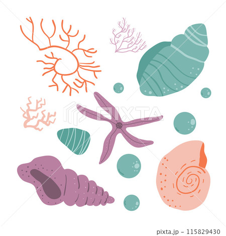 Coral, seashells, and a starfish in pastel colors, showcasing the delicate beauty of underwater ecosystems. Set of Vector hand drawn flat illustration. 115829430