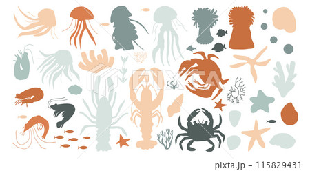Underwater silhouettes life isolated on white background. Collection of jellyfish, sea anemones, lobster, crabs, shrimp, starfish, shells, corals and seaweed. Set of Vector flat illustration 115829431