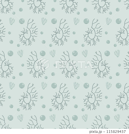 Algae and water bubbles seamless pattern. Underwater life endless background. Vector hand drawn flat illustration. Algae and water bubbles seamless pattern. Underwater life endless background. Vector hand drawn flat illustration. 115829437