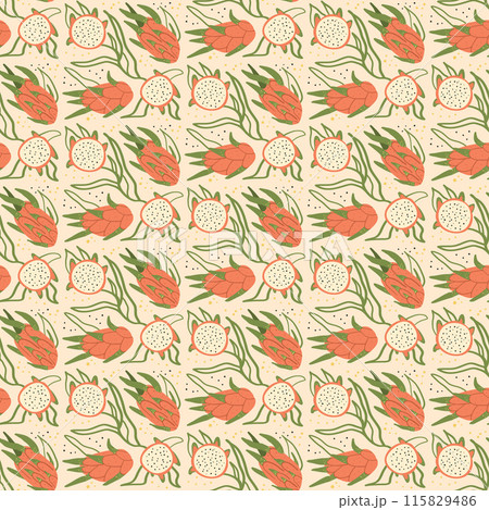 Dragonfruit seamless pattern. Exotic pitaya endless background. Tropical repeat cover. Vector hand drawn illustration. 115829486