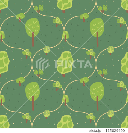 Forest landscape seamless pattern. Trees and trails endless background. Park damask repeat cover. Nature environment damask loop ornament. Vector hand drawn illustration. Forest landscape seamless pattern. Trees and trails endless background. Park damask repeat cover. Nature environment damask loop ornament. Vector hand drawn illustration. 115829490