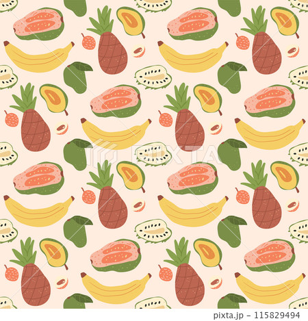 Tropical fruits seamless pattern. Ripe pineapple, guava, lychee, mango, banana, longan. Exotic sweet slices, half and whole fruit food endless background. Vector hand drawn illustration. 115829494