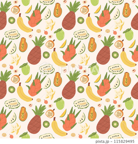 Fruits seamless pattern. Tropical pineapple, papaya, dragonfruits and bananas with carambola, repeat cover. Exotic sweet cut and whole fruit endless background. Vector hand drawn illustration. Fruits seamless pattern. Tropical pineapple, papaya, dragonfruits and bananas with carambola, repeat cover. Exotic sweet cut and whole fruit endless background. Vector hand drawn illustration. 115829495