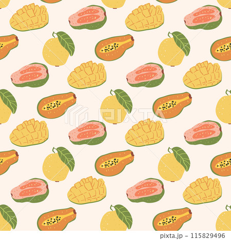 Fruits half and slices seamless pattern. Mango, guava, papaya exotic food endless background. Vector hand drawn illustration. 115829496