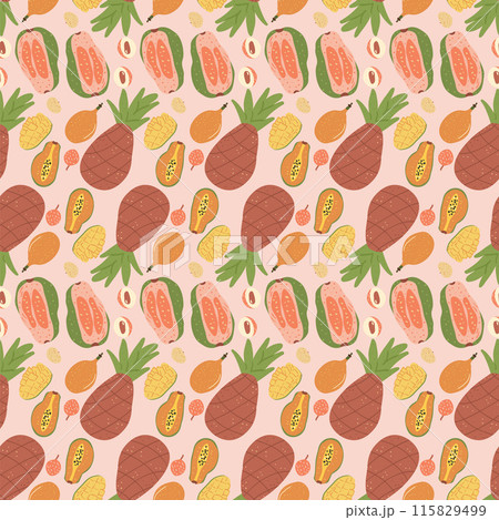 Vibrant seamless pattern with illustrations of tropical fruits including pineapples, papayas, and guava with fruit slices, exuding a sunny, exotic vibe. Vector hand drawn flat illustration. 115829499