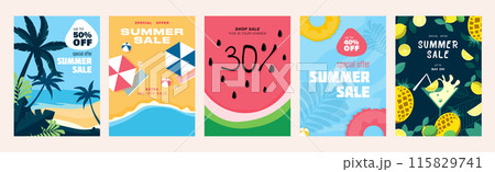 Summer sale cover brochure set in trendy flat design. Summertime banner templates with tropical palms, beach umbrellas, rubber ring, watermelon, pineapple and lemon cold cocktail. Vector illustration. 115829741