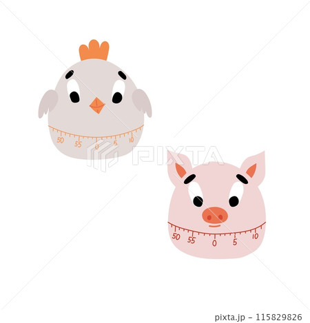 Time measuring tool isolated on white background. Chicken timer. Pig kitchen timer. Kitchen timer. Vector illustration. Time measuring tool isolated on white background. Chicken timer. Pig kitchen timer. Kitchen timer. Vector illustration. 115829826